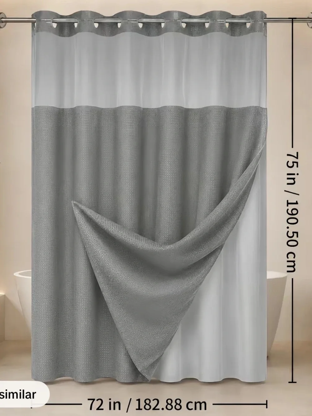 Gray Waffle Weave Hookless Shower Curtain Set with Snap-In Liner (72